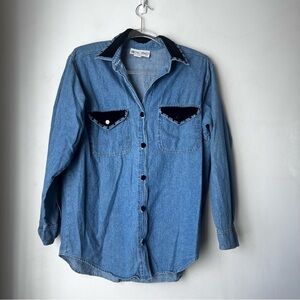 Vintage 90s 8th St. West Denim Black Velvet Studded Oversized Shirt S
